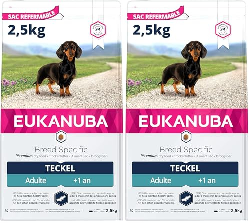 Eukanuba Breed Specific Dackel Trockenfutter - optimal auf die Rasse abgestimmtes Premium Hundefutter mit Huhn, 2,5 kg (Packung mit 2)