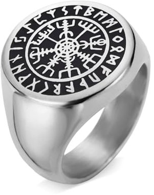 Amaxer Wikinger Kompass Vegivisir Siegelring für M?nner Vintage Runic Norse Symbol Nordic Talisman Amulett Edelstahl Punk Statement Ring (Silber, 19mm)
