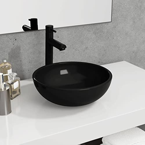 Vasque à Poser with Verre Trempé, Design Moderne, Lavabo Salle de Bain, Lavabo Enfant, Meuble Vasque Salle de Bain, Lave-Main, Noir, 35 x 12 cm
