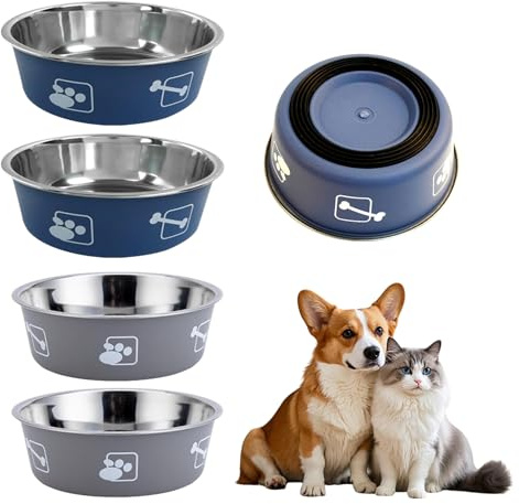 Set di 4 ciotole per cani in acciaio inossidabile con base antiscivolo in silicone, ciotola per cani da 800 ml, 17,5 cm, adatta per cani e gatti di piccola, media e grande taglia (grigio e blu-grigio)