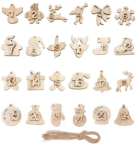 VYNZOR 24 Stück Adventskalender Zahlen aus Holz, 1-24 Weihnachtsbaum Deko zum Befüllen, Holz Zahlen Kalender mit Unterschiedlichen Motiven, Countdown bis Weihnachten Geschenk DIY Holzpendant