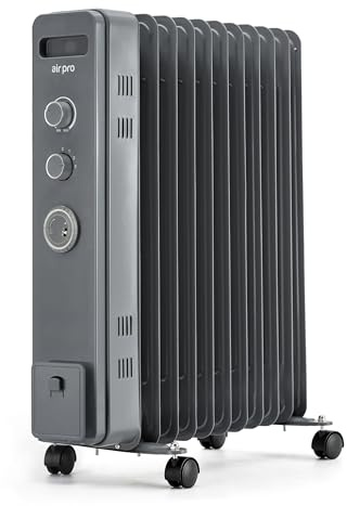 Air Pro Oil Filled Radiator 2500W with Thermostat & 24h Timer – 11 Fin Portable Electric Heater 3 Heat Settings, Overheat & Tip-Over Protection, Quiet for Home, Office and Any Room Radiator on Wheels