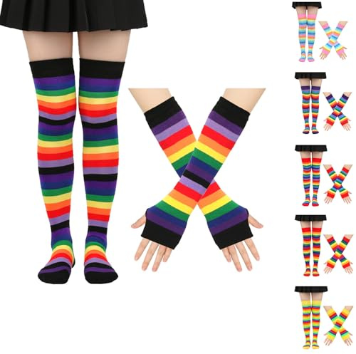 Betrynidil Gestreifte Lange Strickhandschuhe Mit Armstulpen & Fingerlosen Handschuhen - Party-Kostüm-Zubehör, Party-Kostüm Zubehör, Mit Bunten Strümpfen (F)