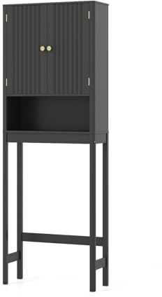COSTWAY Mobile Bagno Sopra WC, Scaffale per Lavatrice Salvaspazio con 2 Ante, Mensola Aperta e Ripiano Regolabile, Armadietto Sopra Gabinetto in Legno, 60 x 23 x 168 cm (Nero)