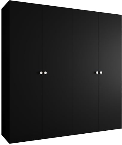 MEBLE KRYSPOL - Kleiderschrank - Garderobenschrank - 200 cm x 202 x 52 cm - Schrank mit Kleiderstange, 4 Türen - für Schlafzimmer, Flur - Parma, Schwarz, Griff Silber
