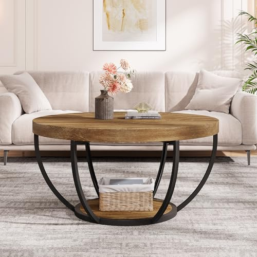 Tribesigns Runde Couchtisch, Industrial 2-Tier-Kreis Couchtisch mit Lagerung Regale, Moderne hölzerne Akzent Mitte Tisch Sofa Beistelltisch für Wohnzimmer, Home Office, Hellbraun