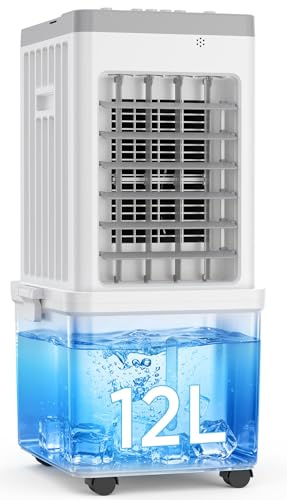 Mobile Klimaanlage, 3-in-1 Luftkühler, Verdunstungskühler, 12L Wassertank, 3 Kühlakkus, 3 Geschwindigkeiten, 60° Oszillation, 35dB Leise, Platzsparendes Design, Für Zuhause, Büro, Haustierfreundlich
