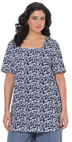 Ulla Popken Damen große Größen Übergrößen Plus Size Longshirt, A-Linie, Carré-Ausschnitt, Halbarm Marine 50+ 849521130-50+