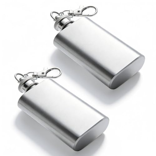 2 Packs Mini Stainless Steel Hip Flask Keychain Set, 2 Oz Pocket Thin Alcohol Flask for Men Women, Portable Leakproof Whisky Containers for Climbing Camping Hiking Barbecue (Matte Silver)