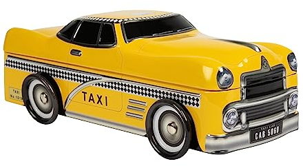 POWERHAUS24 New York Taxi mit drehbaren Rädern, Blechdose, Geschenk, Aufbewahrung, Deko, Spielzeug, ohne scharfe Kanten, lebensmittelecht, ca. 27 cm x 12 cm, 2 Rezepte inklusive