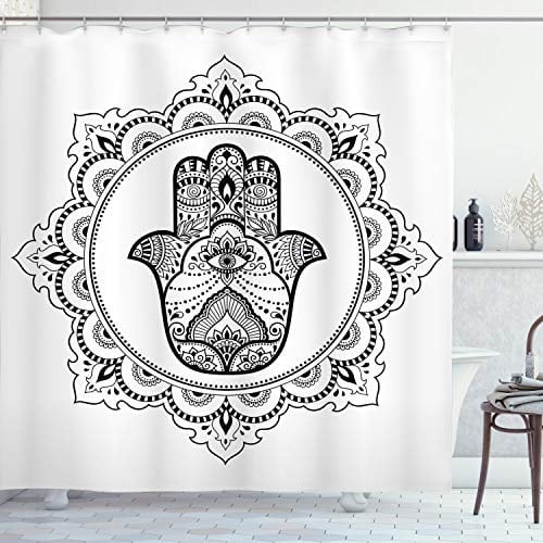 ABAKUHAUS Hamsa Duschvorhang, Mehndi Mandala Oriental, Stoffliches Gewebe Badezimmerdekorationsset mit Haken, 175 x 180 cm, Schwarz Weiß
