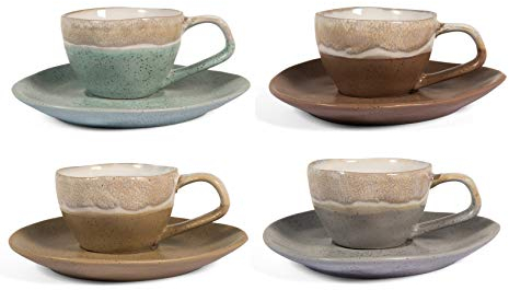 H&H Malika Set 4 Tazas Tè, Gres, Colores Surtidos, con Plato, 180cc
