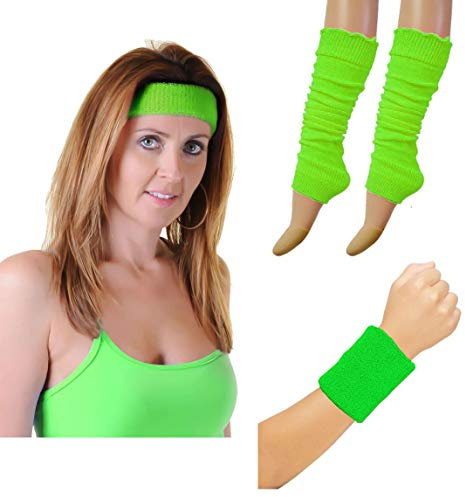 MA ONLINE Damen Armbänder Stirnband und Beinstulpen Set 80er Jahre Tanzparty Zubehör (Neongrünes THB3437+ Neongrünes Armband TWB2676+ Legwarmer PLGG054), One Size (Fit All)