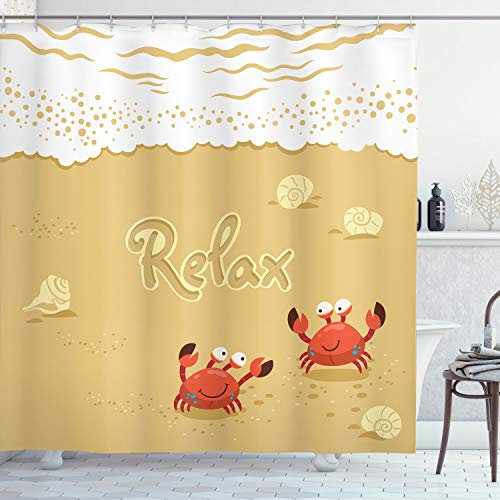 ABAKUHAUS Krabben Duschvorhang, Karte mit Krabben Meer, Stoffliches Gewebe Badezimmerdekorationsset mit Haken, 175 x 240 cm, Sand Braun und Weiß