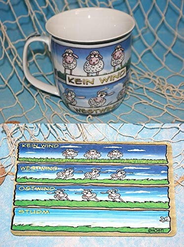 Hösti Becher und Frühstücksbrett als Set Sturmschafe/Kein Wind, Ostwind, Westwind, Sturm Gegen den Wissensdurst.