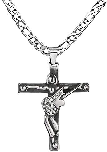 AFSTALR Kreuz Johnny Hallyday Anhänger Halskette Kette Johnny Gitarre Rocker Metall Edelstahl Silber Signature Design Damen Herren Geschenk