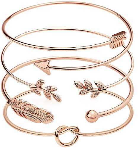Suyi 4 Stück verstellbares Manschettenarmband Stackable Wrap Bracelet Set mit offenem Drahtarmreif für Frauen RoseGold