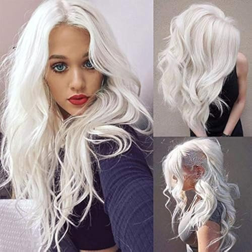 Perücke Lang Weiß lockige Welle Perücke für Frauen long White Wig Cosplay Halloween Party Fancy Dress Perücke(Milchig weiß)