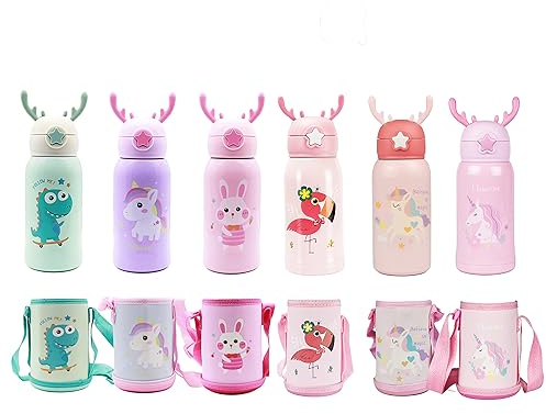 QUNUNOIRE Portatile Borraccia in Acciaio Inox Termica Bottiglia d'Acqua Sportive per Mantenere Caldo e Freddo, Borracce Estate per Bambini Bimbo 500ML Rosa