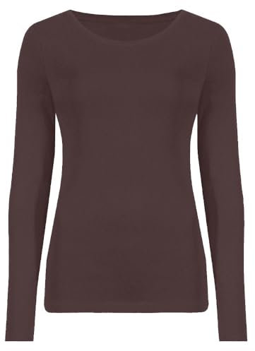 Hamishkane Ladies Long Sleeve Round Neck Plain Casual Basic Stretchy Fitted Womens T-Shirt Top Brown