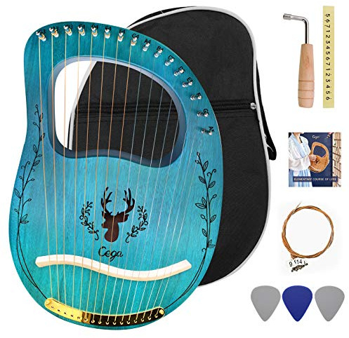 Lyre Harp 16 Strings: Solid Mahogany Wooden Body Metal Strings Musical Instrument - Accessory with Tuning Wrench and Durable Gig Bag