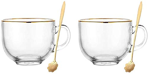 KKGUD Set of 2 Glass Teacups with Gold Rim, Oatmeal Cups, Yogurt Bowls with Spoons (Simple Design, 16oz)