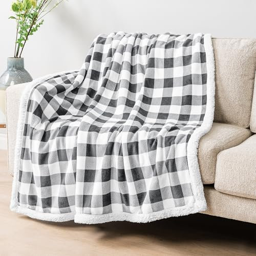 PAVILIA Plaid double Buffalo Sherpa | Couverture polaire en flanelle à carreaux gris clair pour canapé lit | Couverture en microfibre moelleuse chaude et douce | 60 x 80 cm