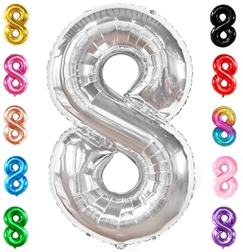KatchOn, Riesiger silberner Luftballon Nummer 8 – 40 Zoll | 8 Ballonnummern für Dekorationen zum 8. Geburtstag Junge | Silberne Geburtstagsdekorationen | Luftballons mit der Zahl 8 für Geburtstage,