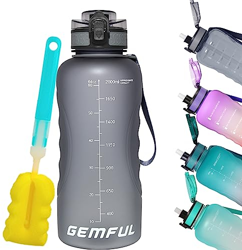 GEMFUL 2 Liter Trinkflasche mit Strohhalme BPA Frei Auslaufsicher Groß Sportflasche mit Zeitangaben für Sport Fitness Outdoor