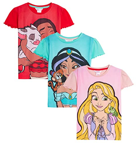 Disney Girls 3 Pack Princess T-Shirts Kids Jasmine Moana Rapunzel Dress Up Top Short Sleeve Tees