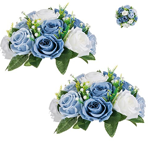 BLOSMON Blumenstrauß Blumengestecke Künstlich Deko Rose 2 Pcs Staubblau Künstliche Blumenstrauss Blumen Tischdekoration Blumenkugel Valentinstag Rosenstrauss Echt for Hochzeit Muttertagsgeschenk