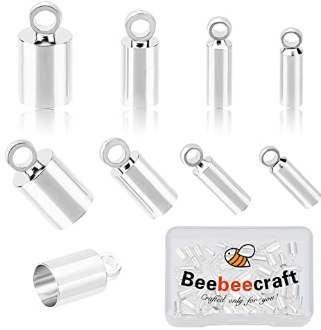 Beebeecraft 80Pcs 4 Size 925 Sterling Silver Plated Crimp End Caps Smooth Glue-in Leather Cord Barrel End Tip with Loop Ring for Leather Cord Bracelets Jewelry Making