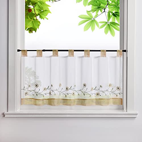 HeichkelL Bestickte Scheibengardine Voile Kurzstores mit Schlaufen Pastorale Küchengardinen Landhausstil Bistrogardine Braun BxH 140x45 cm
