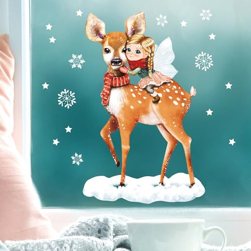 Wandtattoo Loft Fensterbilder Weihnachten mit Reh und Fee Motiv – Wiederverwendbar – A4 Bogen, 40 Sticker – Weihnachstdeko Fenster Kinderzimmer, Weihnachtsbilder Fenster, Fensterbild Winter