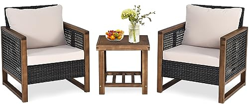 COSTWAY Set 3 Pezzi da Patio in Acacia e Rattan PE con Cuscini Lavabili | Salotto da Esterno con Tavolino e 2 Sedie Ideale per Giardino, Cortile, Piscina e Portico