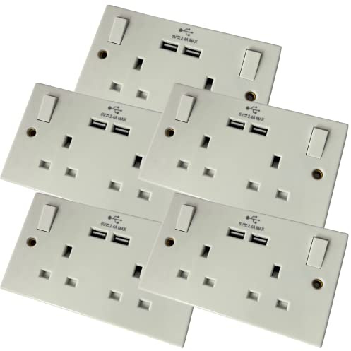 Eleda Electric - 240v 13A Power Outlet Wall Socket with Two USB Charging Ports, 2.4a, 5v, White (Double Socket - 5 Pack)