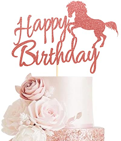 Arthsdite Horse Happy Birthday Cake Topper, Horse Racing Theme Party Decoration for Boys, Girls, Men, Women & Kids - Rose Gold Glitter
