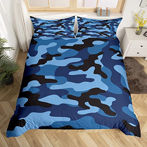 Manfei Blue Camo Duvet Cover Set Single Size, Army Camouflage Bedding Set 2pcs for Kids Boys Teens Bedroom Decor, Abstract Camo Theme Comforter Cover Soft Polyester Quilt Cover with 1 Pillowcase
