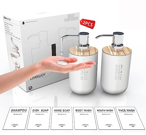 LORESJOY 250ml Dispensadores de Jabón, 2 Piezas Botellas Vacías Bomba de Prensa, Dispensador para La Cocina con Etiquetas, Botella Recipiente Botes de Champú para Loción, Gel de Ducha, Jabón de Manos