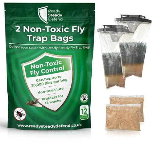 Outdoor Fly Trap Bag With Bait (Pack of 2) Outdoor Fly Control - Captures Up To 20,000 Flies - Fly Repellent Out-door - Targets All Types Of Flies - Effective FlyTrap - Ready to Use