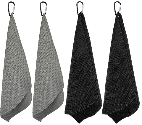 TSHAOUN 4 Piezas Toalla de Golf de Microfibra con Clips, Accesorios de Limpieza de Golf Toallas de Limpieza, Toalla Deportiva Plegable para Campo de Golf, Gimnasio, Camping, 30 * 30cm (Negro,Gris)