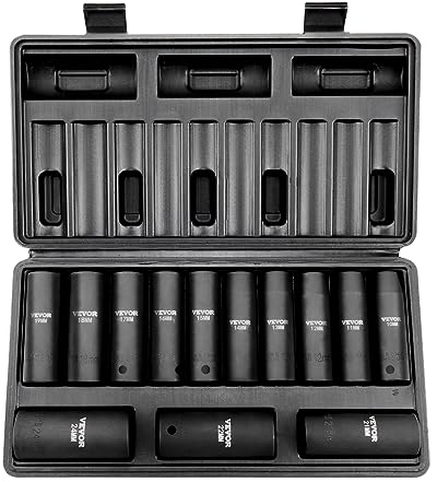 VEVOR 1/2 Drive Impact Socket Set, 13 Piece Deep Socket Set Metric 10-24mm, 6 Point CR-V Alloy Steel for Auto Repair, Easy-to-Read Size Markings, Rugged Construction, Includes Storage Case