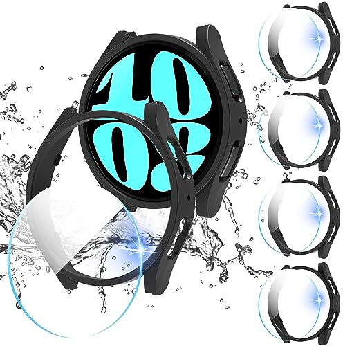 Diruite 4+4Stück Hülle für Samsung Galaxy Watch 6 40mm Schutzhülle,Ausgehöhlt Kratzfest PC Case*4&HD Hartglas Glas Schutzfolie*4 für Samsung Galaxy Watch 6 40mm Displayschutz