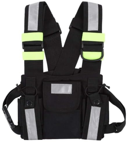 Funkweste Walkie Talkie Weste PT-08 Hellgrün, Professionelle Brustgurt für Baustelle, Sicherheit, Rettungsdienst, Outdoor, mit Reflektorstreifen Fronttasche, Einstellbar