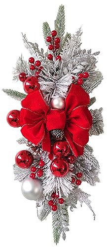 Tuelaly Ghirlanda natalizia per scale con luci a LED, festone festivo per decorazioni natalizie, include palline colorate, pigne, bacche, fiocco, ghirlande in rattan rosso, 45 cm