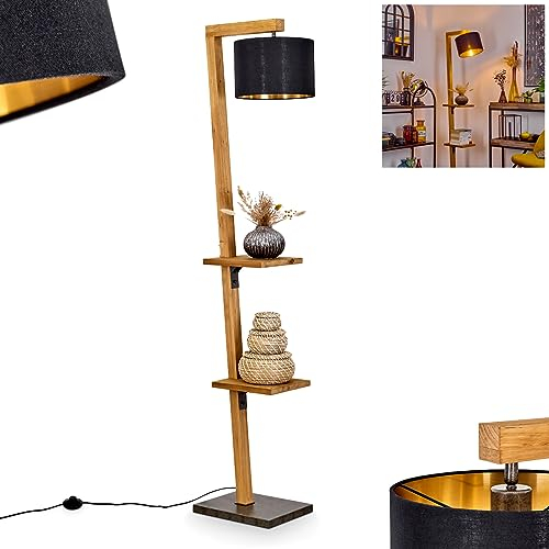 Stehleuchte Baval, moderne Stehlampe aus Metall/Holz/Stoff in Nickel-Antik/Natur/Schwarz/Gold, Standlampe m. verstellbarem Schirm, Fußschalter am Kabel, Ablageflächen, 164cm, 1x E27, ohne Leuchtmittel