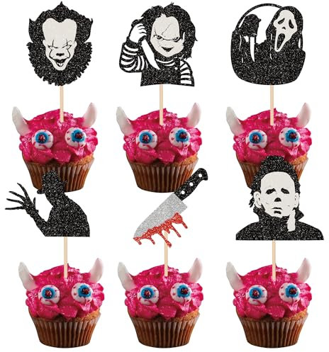 Xsstarmi 24 Pack Horror Movie Cupcake Toppers Glitter Have a Killer Birthday Cupcake Picks Horror Clown Cake Decorations for Halloween Horror Theme Birthday Party Supplies