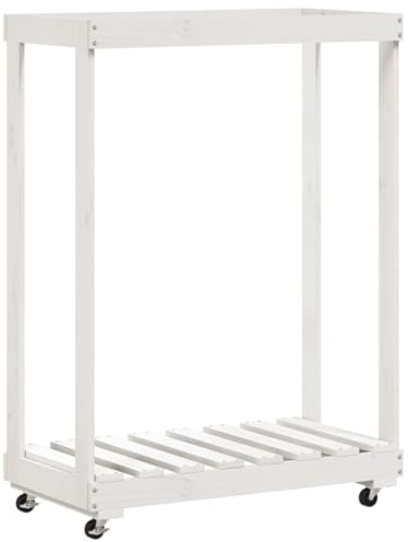 Étagère pour bois de chauffage, pour l'intérieur et l'extérieur, avec roulettes, blanche, 76,5 x 40 x 108 cm, en pin massif