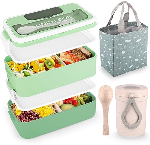 VEIOK Bento Lunch Box Adult 1600ml Lunchbox Stackable with Compartments and Bag (Green)