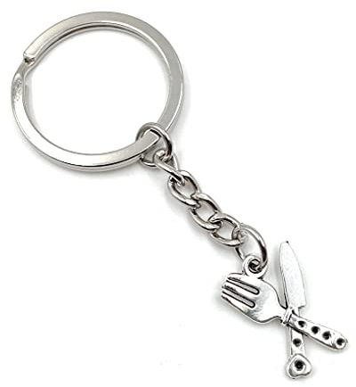 Onwomania Cutlery Knife Fork Keyring Metal Lucky Charm in Aluminium Gift Box, Ideal as a Gift, silver, One Size